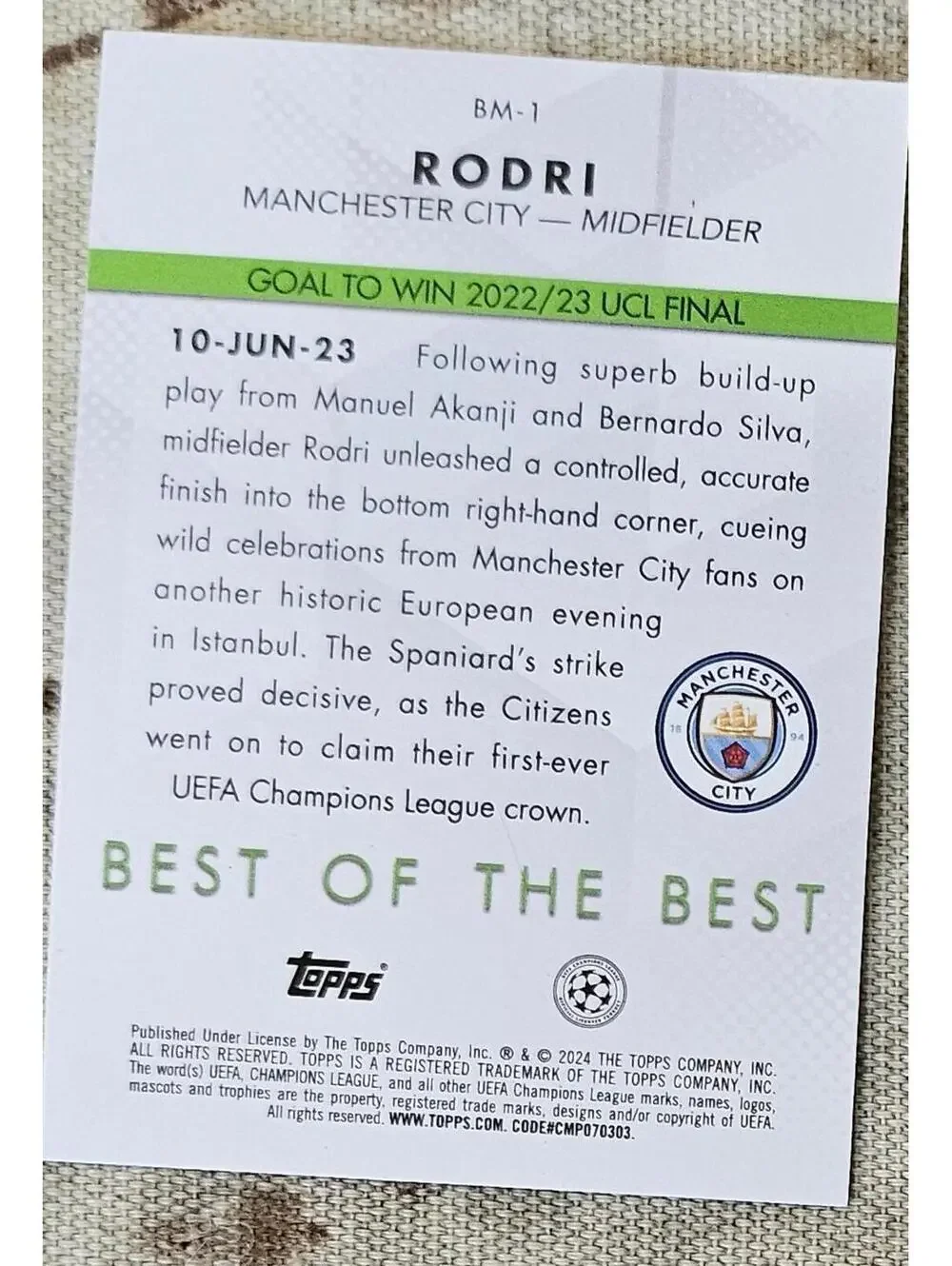 2023-24 Topps UEFA Club Competitions -Rodri - Best of the Best Moments #BM-1 - Picture 2 of 2
